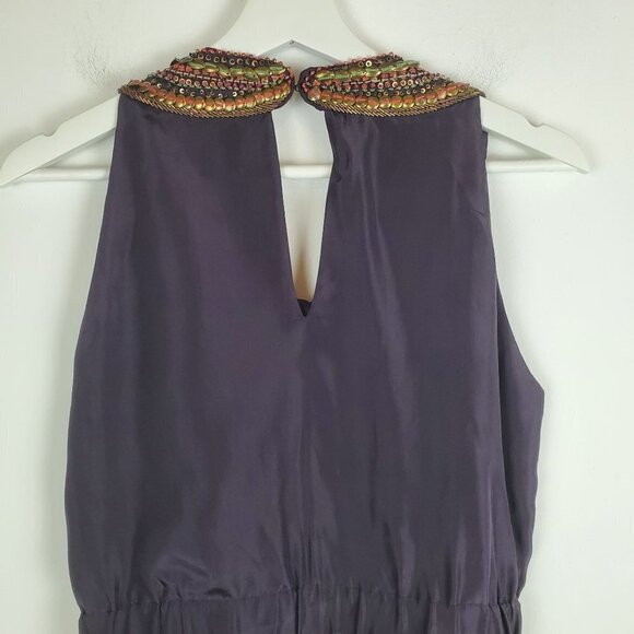Anthropologie Dress Small Purple 100% Silk Sheath Beaded Statement Collar - Picture 6 of 11